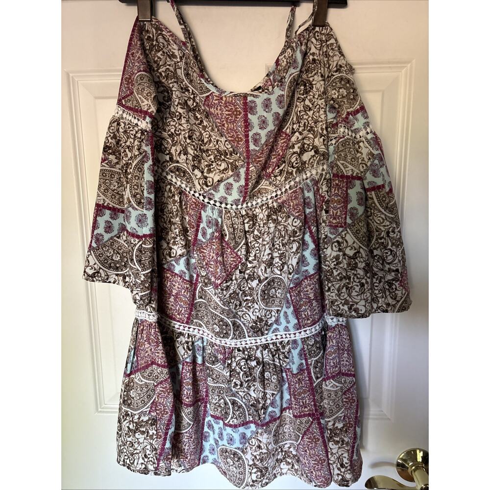 Design Lab XS Blue Brown Magenta mix print Cold Shoulder Tunic Dress bell slv